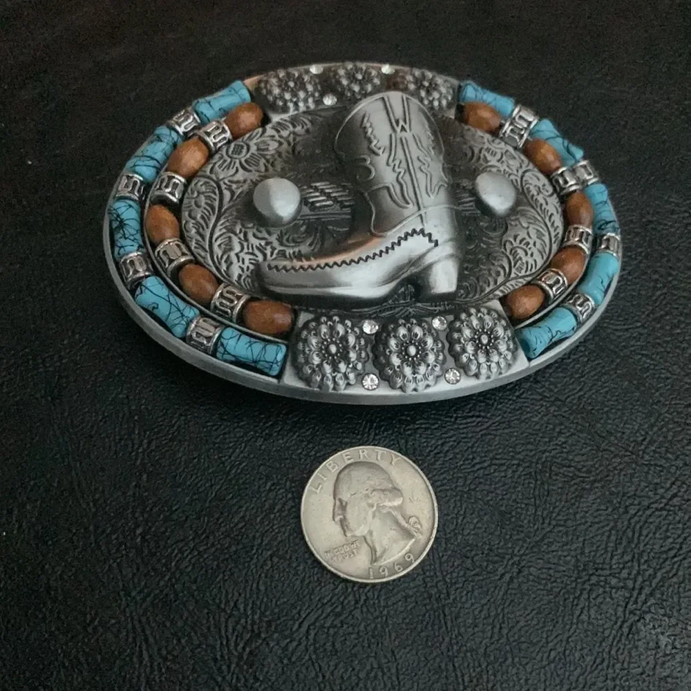 Cowboy Boot Belt Buckle, Antiqued Silver Tone Faux Turquoise, Western Style